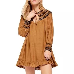 Free People Erin embroidered mini dress L smocked hippie boho